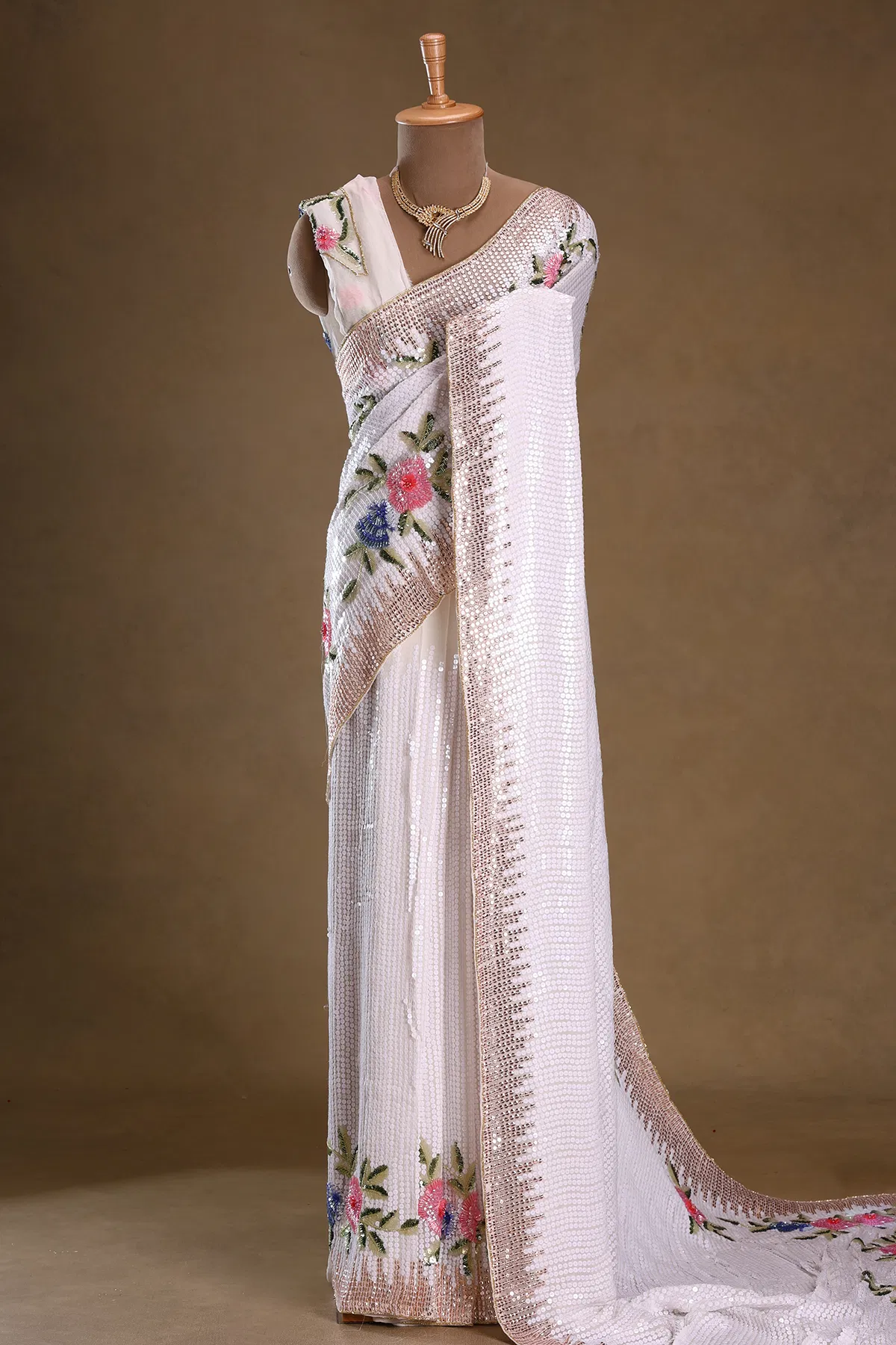White sequins embroidered georgette designer saree